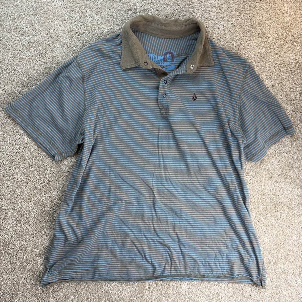Y2K Volcom Stone Polo Shirt Mens L Blue Stripe Cotton Jersey Short Sleeve Casual